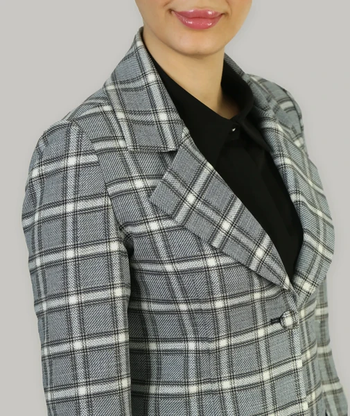 کت تک زنانه   یقه انگلیسی چهار خانه گندم - سرمه ای