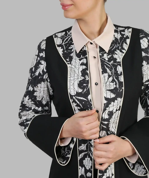مانتو لینن یقه گرد کوک دوزی چاکدار - مشکی